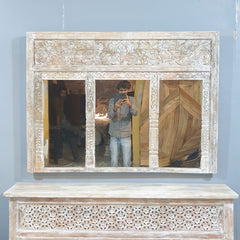 Hand-Carved Whitewash Wooden Window Mirror – Large Decorative Wall Mirror | Rustic Farmhouse Boho Living Room Decor