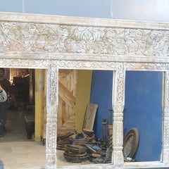 Hand-Carved Whitewash Wooden Window Mirror – Large Decorative Wall Mirror | Rustic Farmhouse Boho Living Room Decor