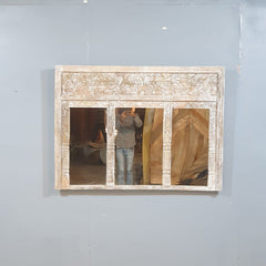 Hand-Carved Whitewash Wooden Window Mirror – Large Decorative Wall Mirror | Rustic Farmhouse Boho Living Room Decor