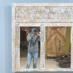 Hand-Carved Whitewash Wooden Window Mirror – Large Decorative Wall Mirror | Rustic Farmhouse Boho Living Room Decor