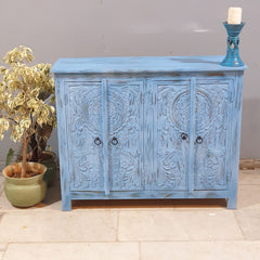 Vintage Hand Carved Solid Wood 4 Door Sideboard Blue 115X40X90 cm