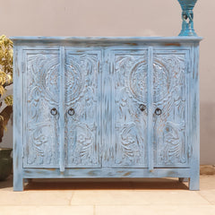 Vintage Hand Carved Solid Wood 4 Door Sideboard Blue 115X40X90 cm