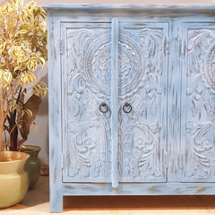 Vintage Hand Carved Solid Wood 4 Door Sideboard Blue 115X40X90 cm