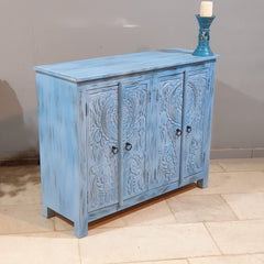 Vintage Hand Carved Solid Wood 4 Door Sideboard Blue 115X40X90 cm