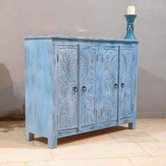 Vintage Hand Carved Solid Wood 4 Door Sideboard Blue 115X40X90 cm