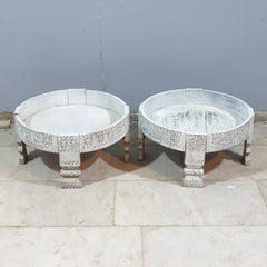 Hand Carved Solid Wood Chakki Grinder Coffee Table White 60x6x30 cm