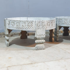 Hand Carved Solid Wood Chakki Grinder Coffee Table White 60x6x30 cm