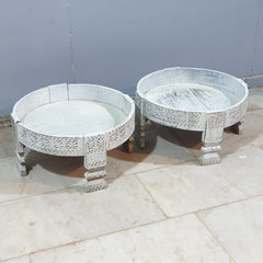 Hand Carved Solid Wood Chakki Grinder Coffee Table White 60x6x30 cm