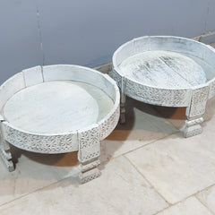 Hand Carved Solid Wood Chakki Grinder Coffee Table White 60x6x30 cm