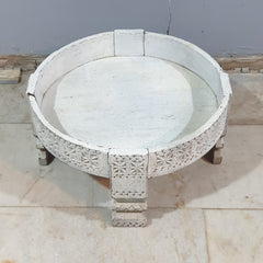 Hand Carved Solid Wood Chakki Grinder Coffee Table White 60x6x30 cm