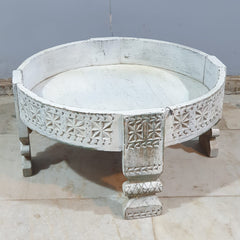 Hand Carved Solid Wood Chakki Grinder Coffee Table White 60x6x30 cm