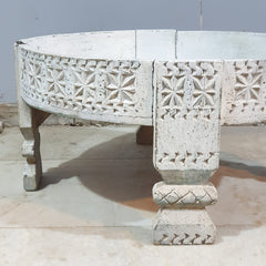 Hand Carved Solid Wood Chakki Grinder Coffee Table White 60x6x30 cm