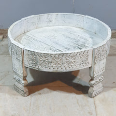 Hand Carved Solid Wood Chakki Grinder Coffee Table White 60x6x30 cm