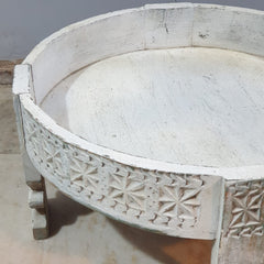 Hand Carved Solid Wood Chakki Grinder Coffee Table White 60x6x30 cm