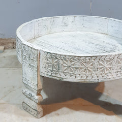 Hand Carved Solid Wood Chakki Grinder Coffee Table White 60x6x30 cm