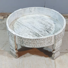 Hand Carved Solid Wood Chakki Grinder Coffee Table White 60x6x30 cm
