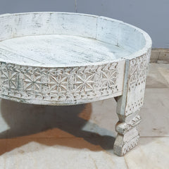 Hand Carved Solid Wood Chakki Grinder Coffee Table White 60x6x30 cm