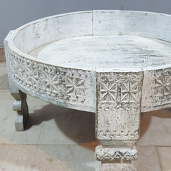 Hand Carved Solid Wood Chakki Grinder Coffee Table White 60x6x30 cm