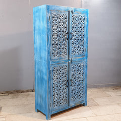 Hand Carved Solid Wood Wardrobe Cabinet 90x40x180 cm Blue