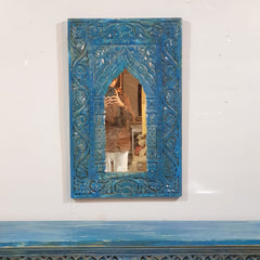 Mehrab Hand Carved Solid Wooden Mirror Frame Blue 57x90 cm
