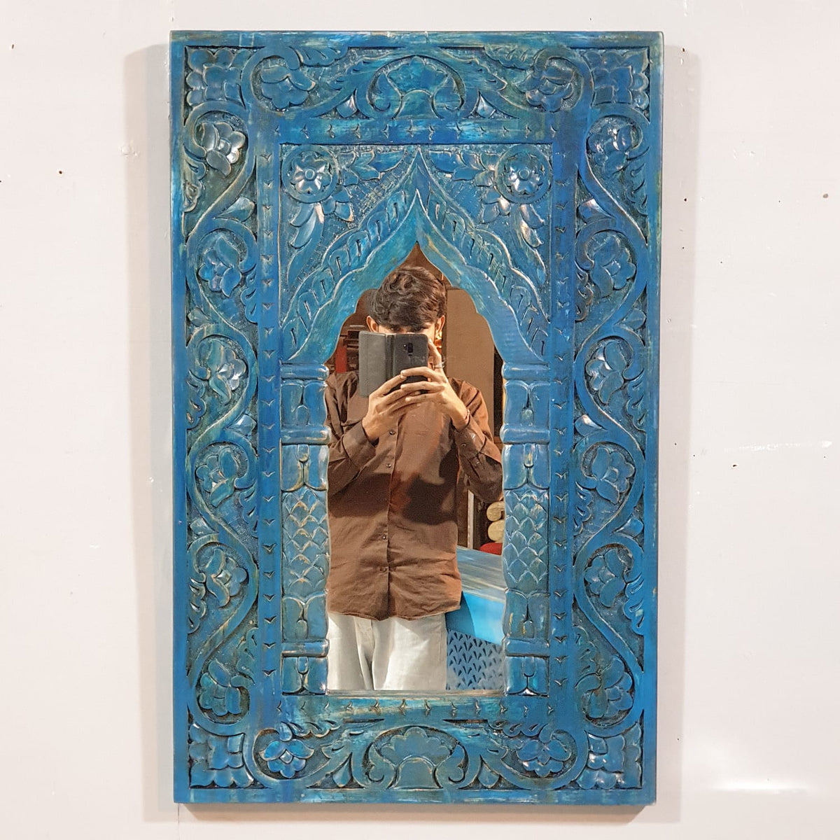 Mehrab Hand Carved Solid Wooden Mirror Frame Blue 57x90 cm