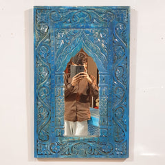 Mehrab Hand Carved Solid Wooden Mirror Frame Blue 57x90 cm