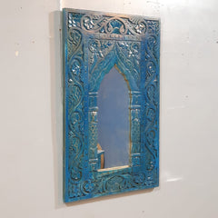 Mehrab Hand Carved Solid Wooden Mirror Frame Blue 57x90 cm