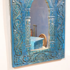 Mehrab Hand Carved Solid Wooden Mirror Frame Blue 57x90 cm