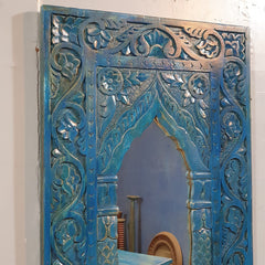 Mehrab Hand Carved Solid Wooden Mirror Frame Blue 57x90 cm