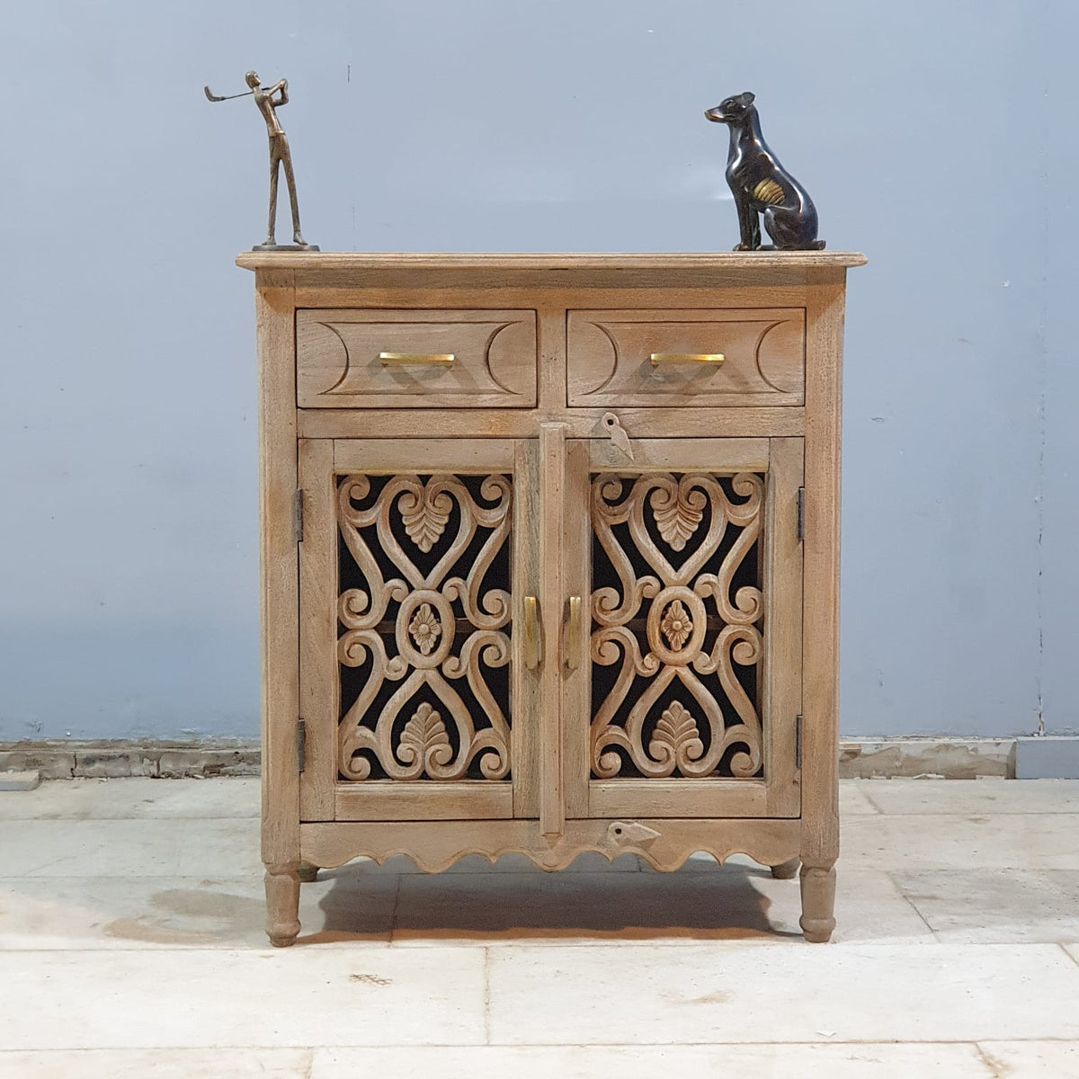 Indian Hand Carved Solid Wood 2 Door and 2 Drawer Cabinet D117