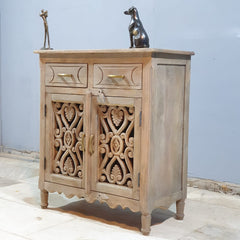 Indian Hand Carved Solid Wood 2 Door and 2 Drawer Cabinet D117