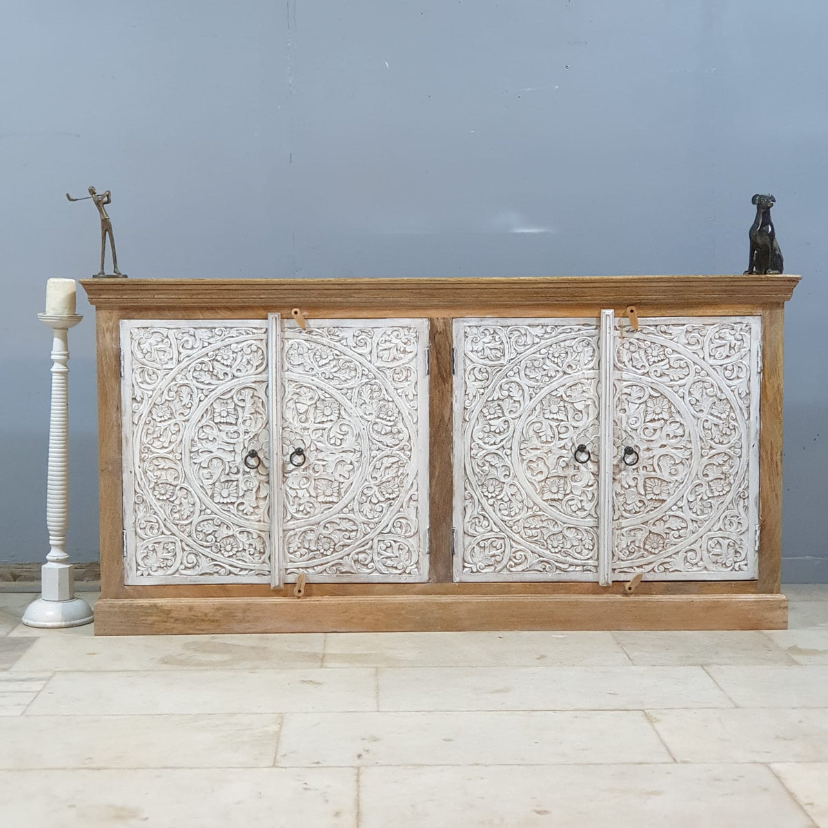 Hand Carved Solid Wood Sideboard White 180X40X90 cm