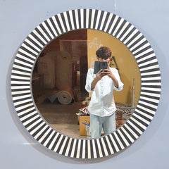 Bone Inlay Stripe Pattern Mirror Frame Black and White 90x90 cm