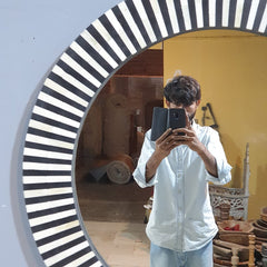 Bone Inlay Stripe Pattern Mirror Frame Black and White 90x90 cm