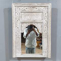 Mehrab Hand Carved Solid Wooden Mirror Frame White 50x7x70 cm
