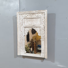 Mehrab Hand Carved Solid Wooden Mirror Frame White 50x7x70 cm