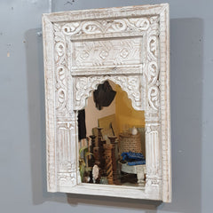 Mehrab Hand Carved Solid Wooden Mirror Frame White 50x7x70 cm