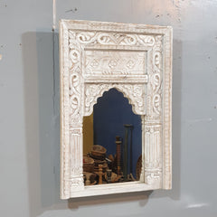 Mehrab Hand Carved Solid Wooden Mirror Frame White 50x7x70 cm