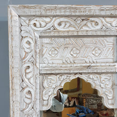 Mehrab Hand Carved Solid Wooden Mirror Frame White 50x7x70 cm