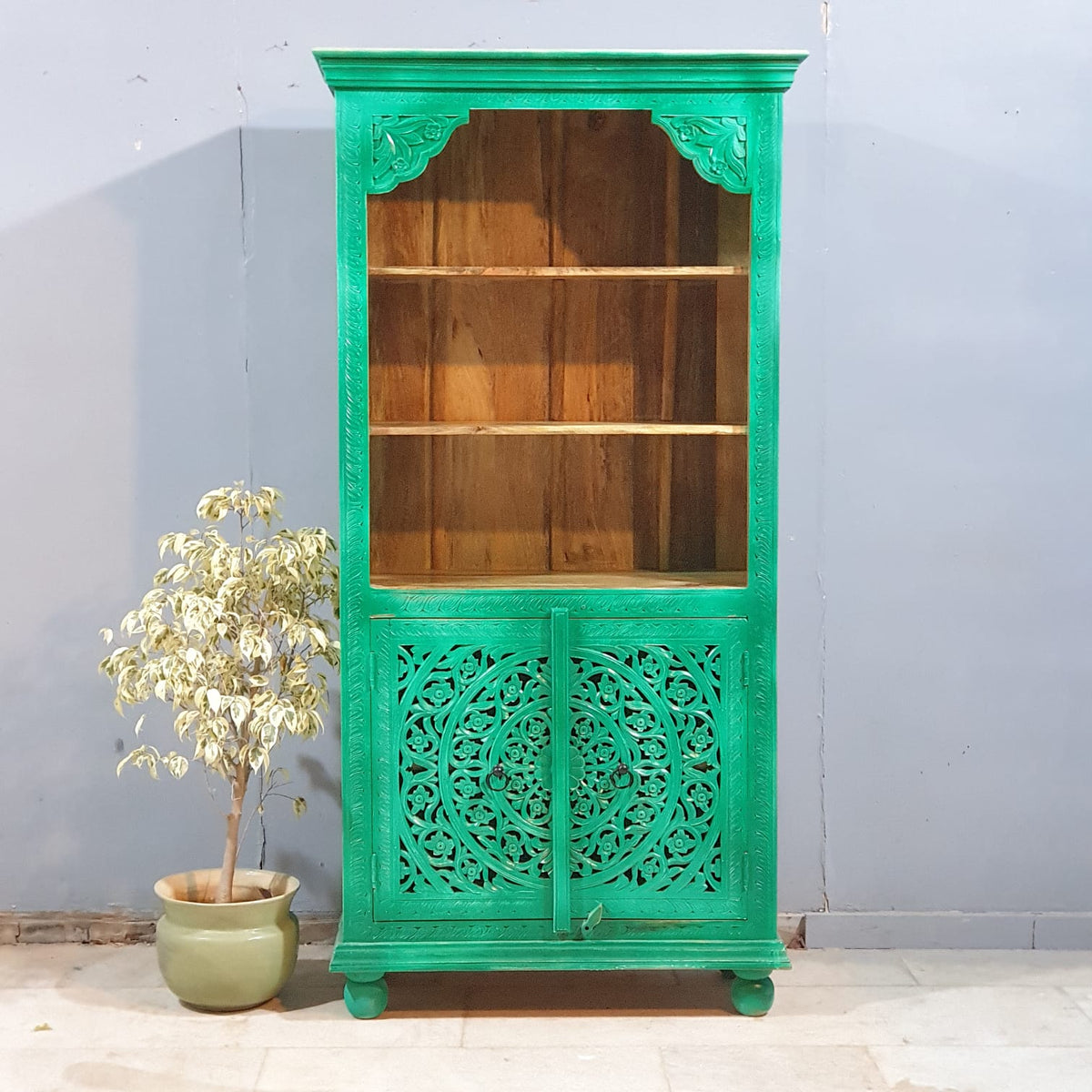 Carved Oasis Hand Carved Solid Mango Wood Bookshelf With Cabinet 40x91x183 Cm