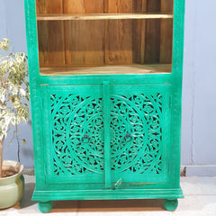 Carved Oasis Hand Carved Solid Mango Wood Bookshelf With Cabinet 40x91x183 Cm