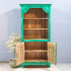 Carved Oasis Hand Carved Solid Mango Wood Bookshelf With Cabinet 40x91x183 Cm
