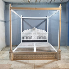 Maharaja Hand Carved Mango Wood Bed rustic Whitewash