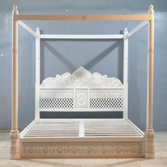 Maharaja Hand Carved Mango Wood Bed rustic Whitewash