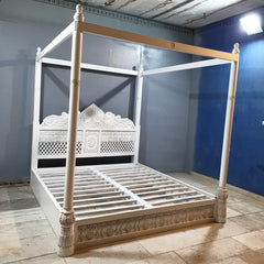 Maharaja Hand Carved Mango Wood Bed rustic Whitewash