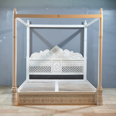 Maharaja Hand Carved Mango Wood Bed rustic Whitewash