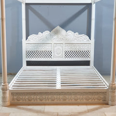 Maharaja Hand Carved Mango Wood Bed rustic Whitewash