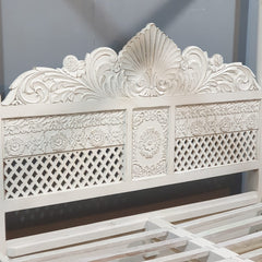 Maharaja Hand Carved Mango Wood Bed rustic Whitewash