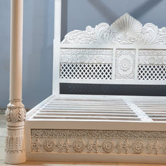 Maharaja Hand Carved Mango Wood Bed rustic Whitewash