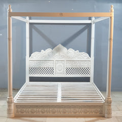 Maharaja Hand Carved Mango Wood Bed rustic Whitewash